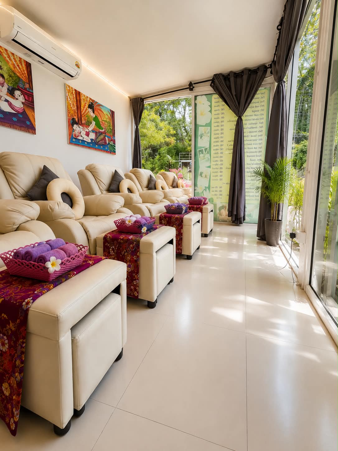 The foot massage room looking out to the garden, with the treatment board displayed in the window.