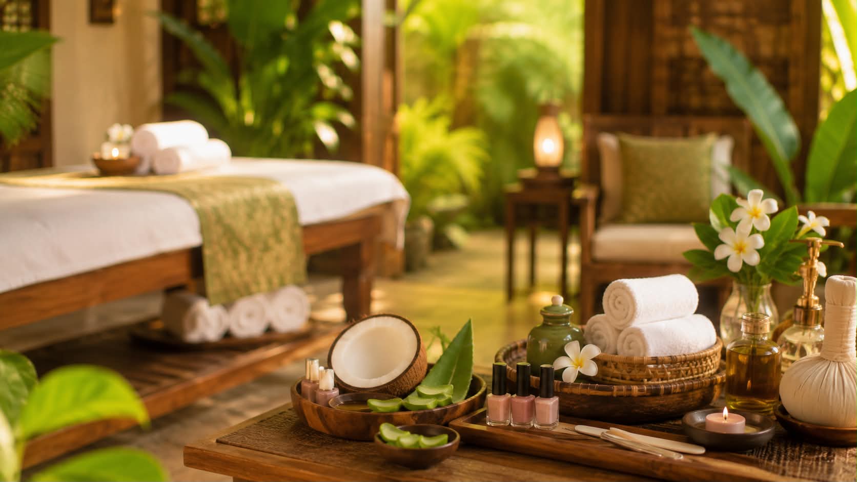 Coconut, aloe vera, oils and a herbal compress laid out beside a massage bed.
